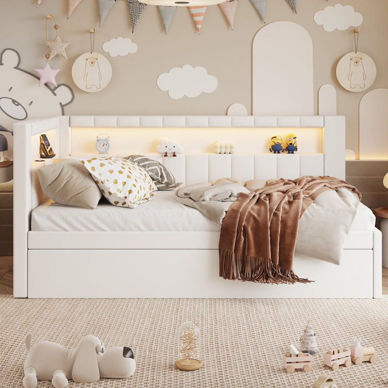 White Upholstered Twin Bed With USB Ports & LED Lights, White