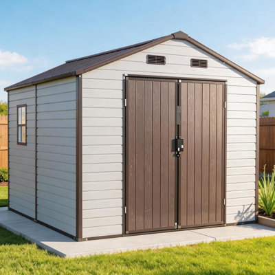 Jaxenor 8x8ft Resin Outdoor Storage Shed with Floor and 2 Windows, Plastic Sheds & Outdoor Storage Clearance for Patio Furniture, GardenTools, Bike Accessories and Lawn Mower, Brown+White