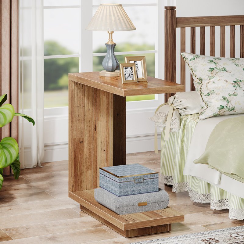 C-Shaped Side Table, 2-Tier Narrow End Table Wood Bedside Table Nightstand, Rustic Brown