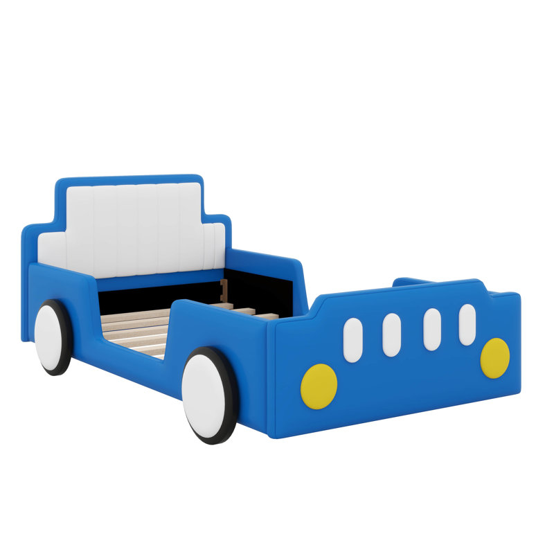 Twin Size Race Car Shaped Platform Bed With Rolling Wheels For Kids, Blue