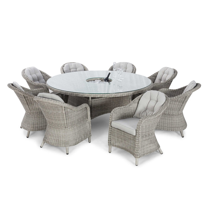 Lotta Heritage 8 Seat Round Rattan Dining Set - with Ice Bucket & Lazy Susan, Off White, Grey