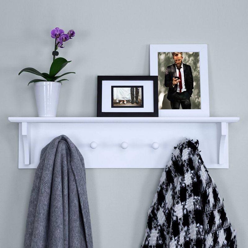 Étagère murale flottante pour manteaux et chapeaux, 5 crochets, 61 cm (24 pouces), blanche