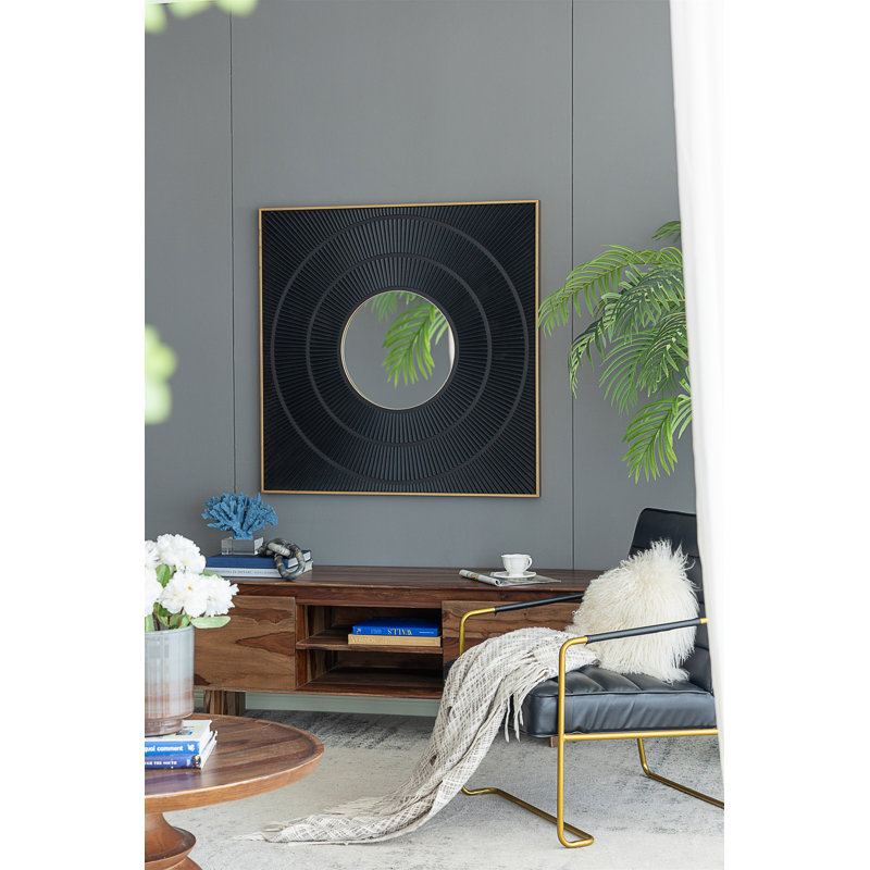 Miroir carré 40 "x 40" sculpté plissé avec cadre en fer doré, Noir
