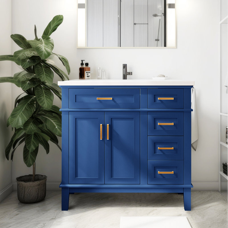Meuble-lavabo de salle de bain avec lavabo en céramique, portes à fermeture douce, 4 tiroirs de rangement, Bleu