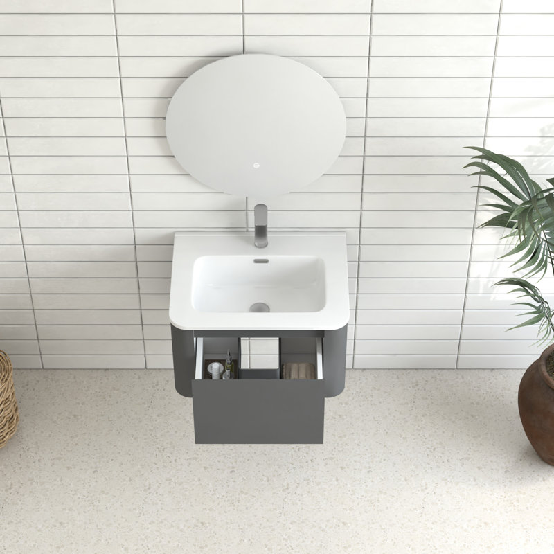 Meuble-lavabo flottant gris d'une largeur de 24 pouces, lavabo en céramique blanche, poignée à 45 angles, tiroir à fermeture en douceur, structure imperméable, rangement spacieux pour les articles de toilette, design américain, petite salle de bain idéale,