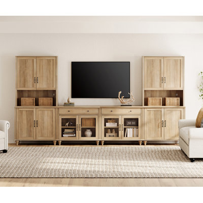 Meuble télé de style ferme avec bibliothèque et bar pour téléviseurs jusqu'à 75 pouces, meuble télé mural avec portes vitrées et tiroirs, console multimédia pour salon, chambre et cinéma maison, chêne