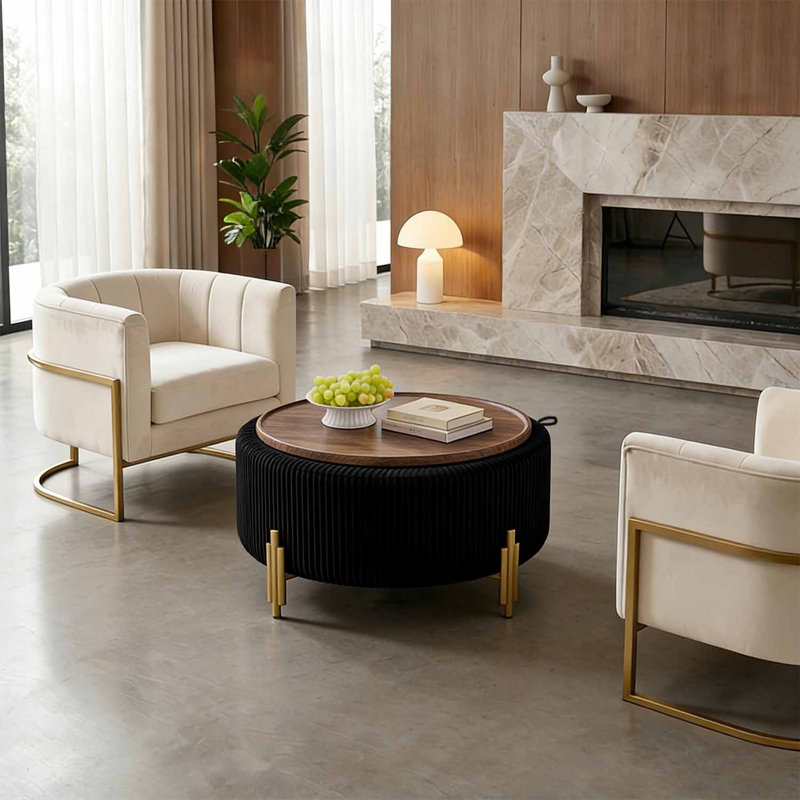 30" W Upholstered Round Storage Ottoman Coffee Table with Metal Legs, Black