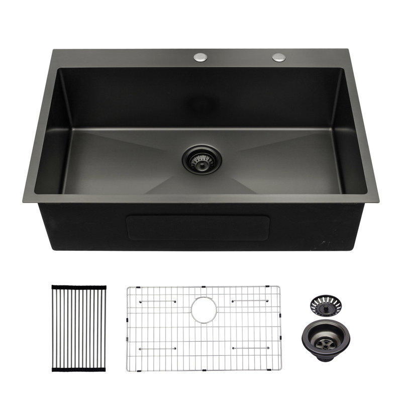 Évier de cuisine encastré à simple cuve en acier inoxydable de calibre 16 30X22, Noir mat
