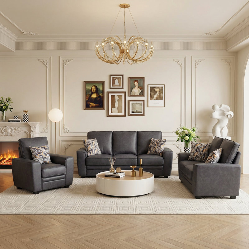 Ensemble de salon en tissu 3 pièces avec fauteuil, causeuse et canapé Marciniak, Gris