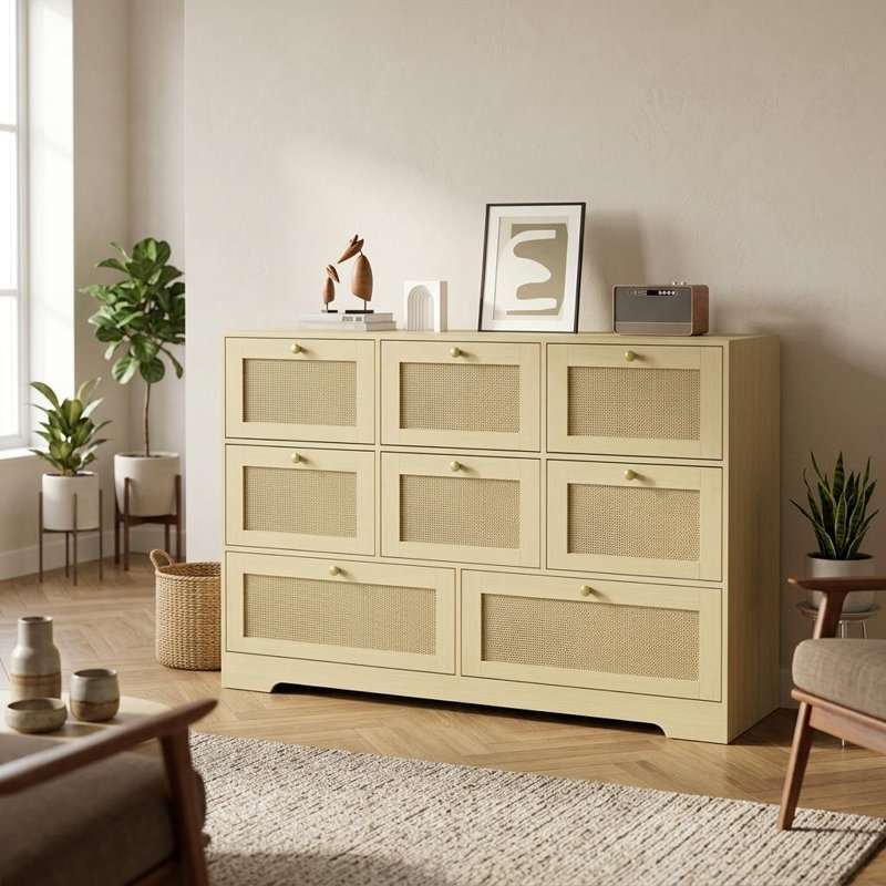 Commode 8 tiroirs en rotin clair en bois naturel clair, commode large avec boutons ronds dorés, commode de rangement Farmhouse