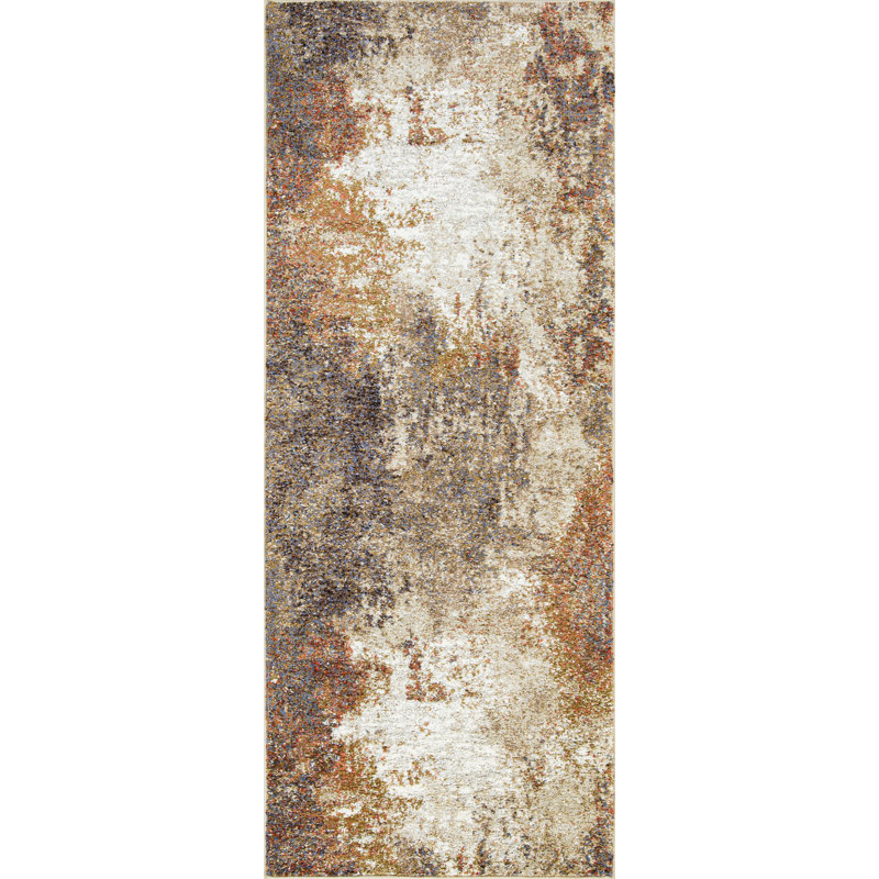Tapis abstrait en polypropylène / jute tissé à la machine Zanyria brun / beige, Tapis de couloir 2 pi 5 po x 11 pi 10 po