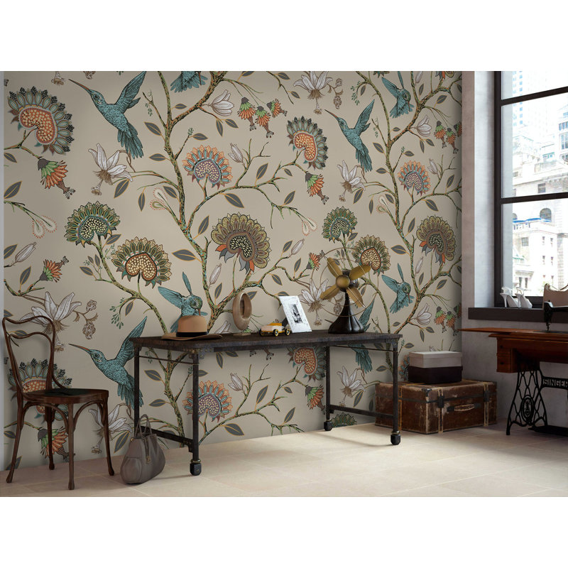 Papier peint amovible floral avec colibri, L 48,96 po x l 75 po