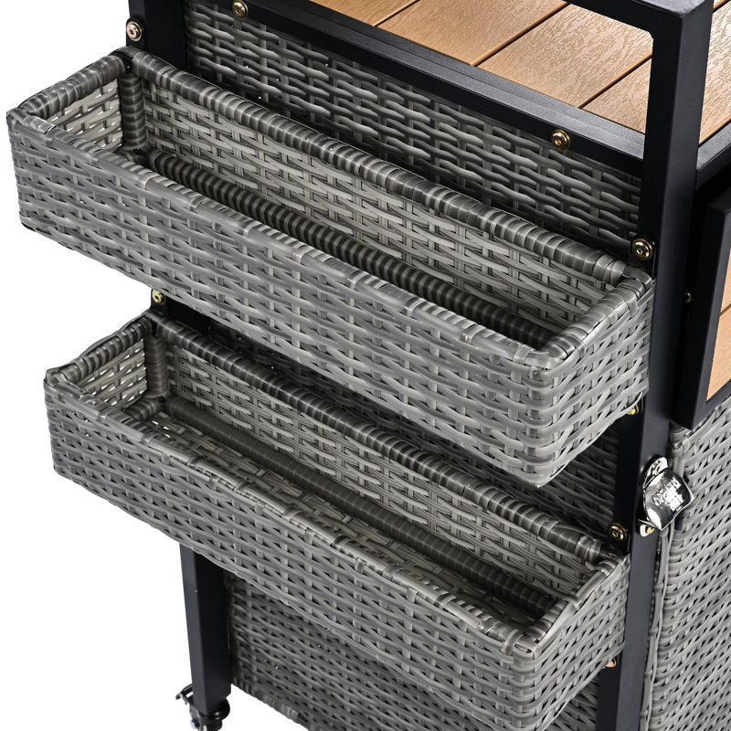 52.8 - Inch Outdoor Grill Cart With Weather , Wood Surface, Foldable Drop Leaf, Ample Storage, Wine Accessories Grey Lockable Wheels, Steel Support, Extended Table, Shelves, Glass Holder