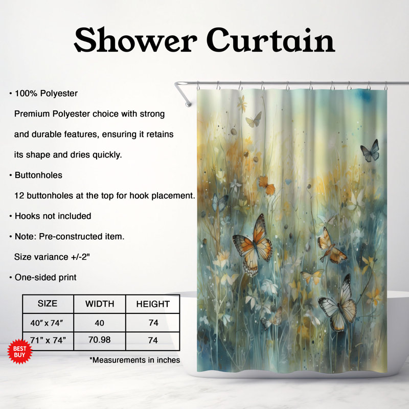 Rideau de douche 1 pièce Fairy Butterflies, H 74 po x l 71 po