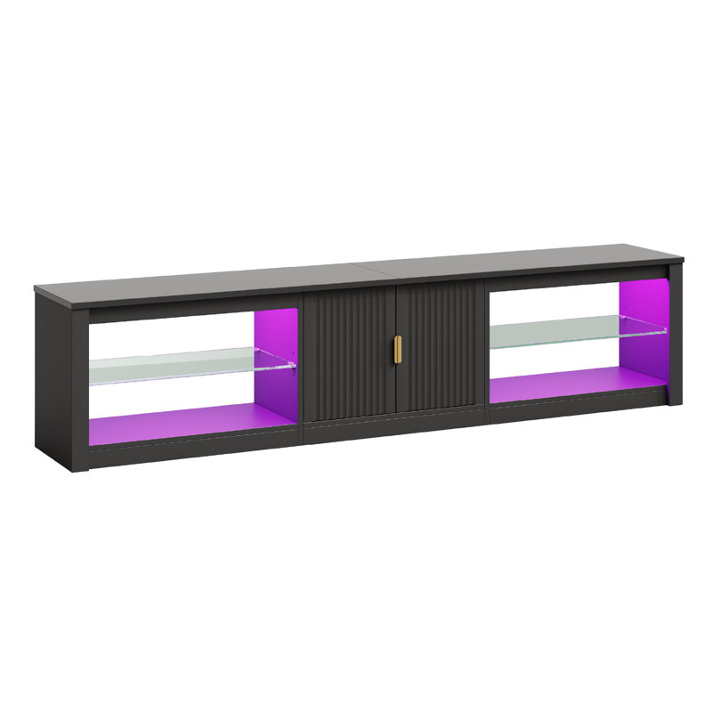 Kruszewski 80" Modern Fluted TV Stand with Adjustable Shelf, LED Media Console for 85 Inch TV, Glossy TV Console with Cabinet