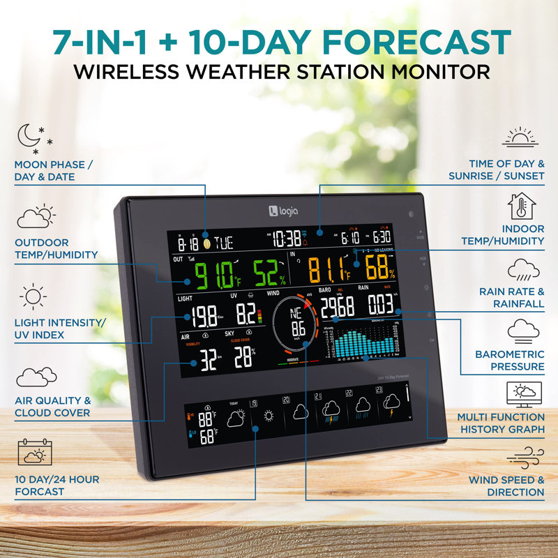 Logia 7-in-1 Wireless Solar Weather Station with 8" Color Display
