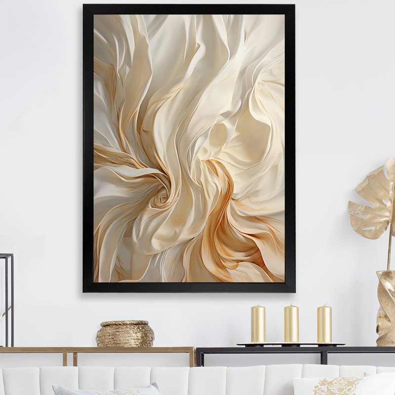 Blanc et champagne Flow IV - Champagne, art mural, H 40 po x l 30 po x P 1,5 po, Cadre photo noir