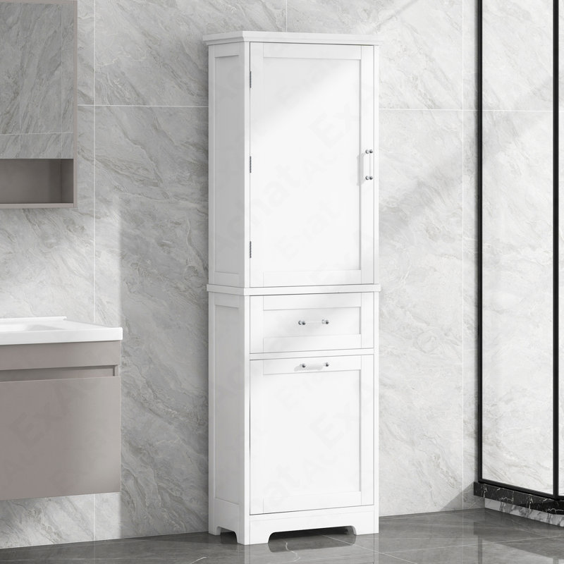 Tall Bathroom Storage Cabinet, Freestanding Storage Cabinet With Two Different Size Drawers And Adjustable Shelf, MDF Board With Painted Finish, White