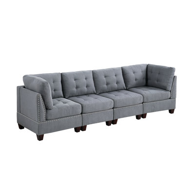 Chaise modulaire grise 4 pièces avec tissu semblable au lin et bois gris, tissu, élément