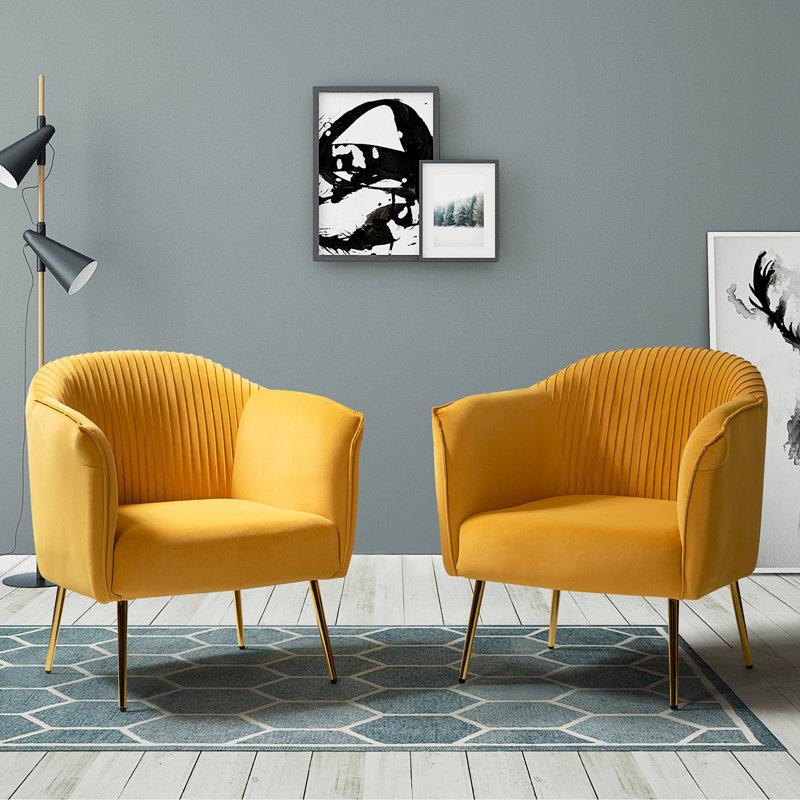 Fauteuil demi-tonneau en velours capitonné Ratzlaff, Velours moutarde