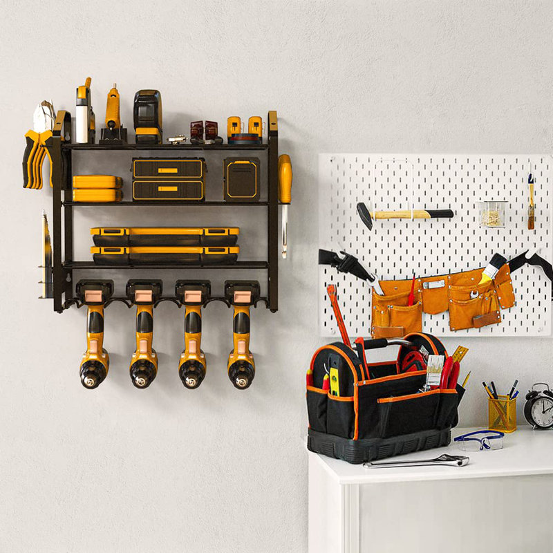 Organisateur d'outils électriques, support de rangement mural pour garage robuste avec support de tournevis latéral et crochets pour 4 perceuses, outils sans fil et outils à main
