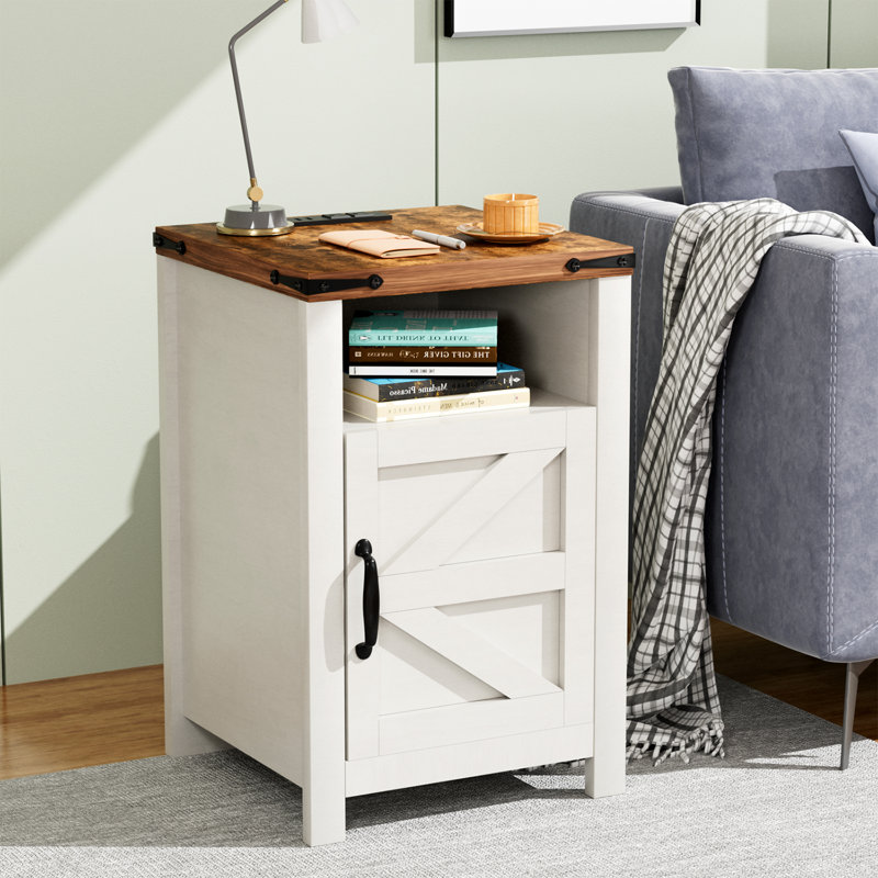 Auriemma End Table with Charging Station, White/Brown