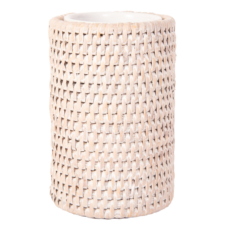 White Wash Ceramic Tumbler with Hand-Woven Rattan Exterior