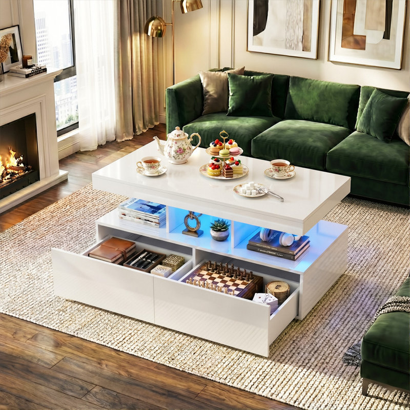 104cmW Modern UK High Gloss Coffee Table with RGB LED (App-Control), 2 Large Storage Drawers & Open Shelf, White