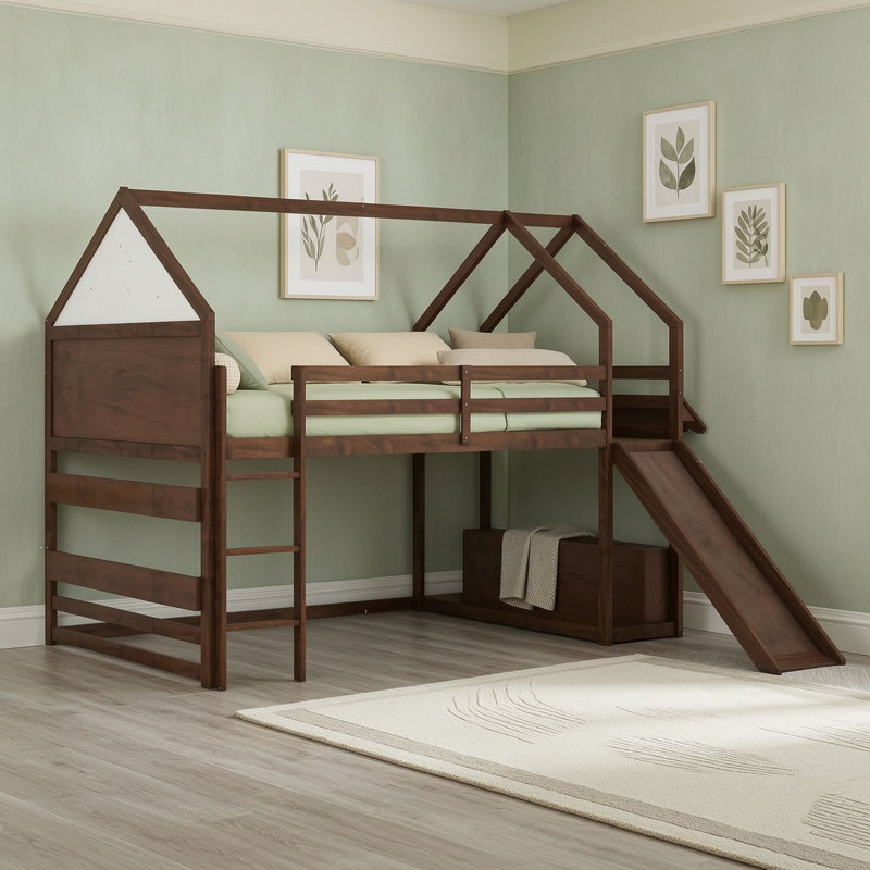 Lit mezzanine avec glissade et rangement, échelle, Lit double, Noyer