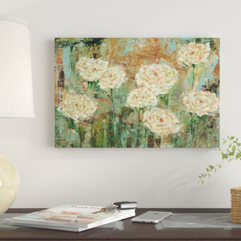 «White Roses», reproduction sur toile, H 26 po x l 40 po x P 1,5 po, Pas de tapis, Toile tendue