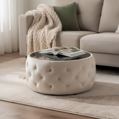 Ottoman Coffee Table, Beige Tufted Velvet, 30 Inch Round Glass Top