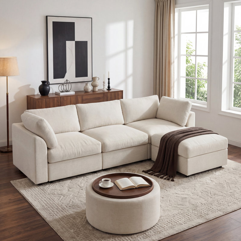 Rennick 100" W Plush Chenille Cloud Modular Sectional Sofa, Extra Deep Seat Couch with Under-Seat Storage for Living Room