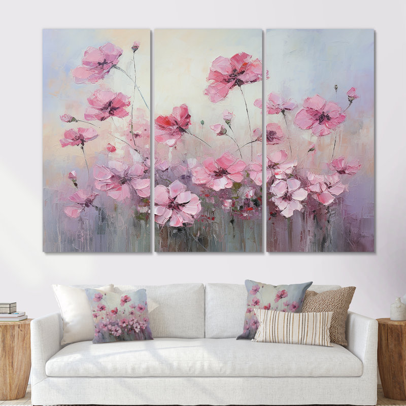 Ensemble de salon art floral géraniums roses, Toile tendue, H 32 po x l 48 po x P 1 po