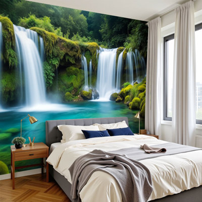 Papier peint auto-adhésif cascade vert forêt Crystal Clear Crystal Turquoise Scenic Summer Decor 100 "H x 144" l