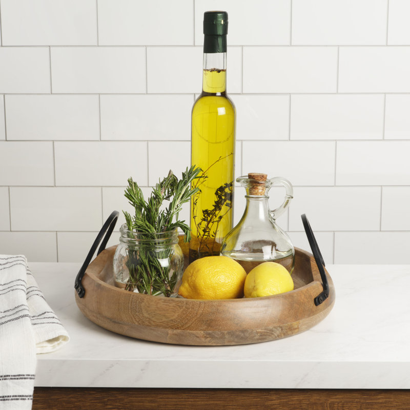 Knox Round Natural Mango Wood Serving Tray with Iron Handles