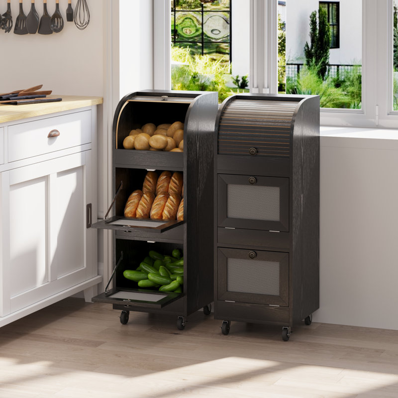 Bac de rangement pour pommes de terre 38 po, boîte à pain à 3 niveaux, rangement pour oignon en bois mobile avec roulettes et 3 armoires, armoire de rangement pour légumes pour la cuisine