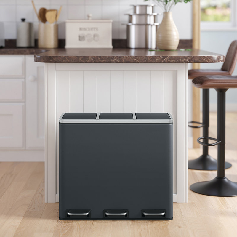 Steel Step On and Odour Seal Multi-Compartment Rubbish & Recycling Bin - 14.27 L, Smoky Grey