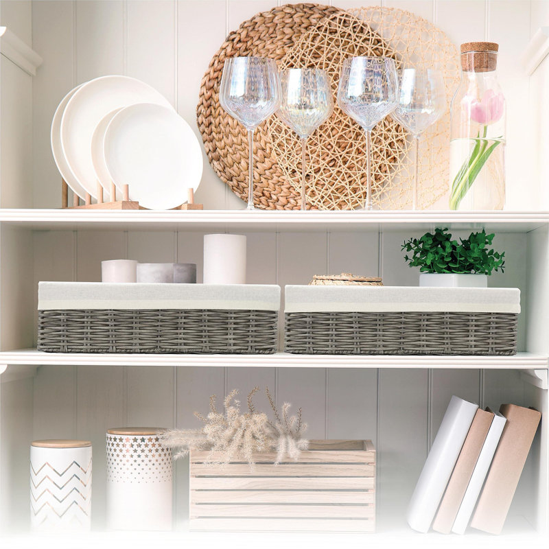 Gray Wicker Storage Baskets Set with White Lining