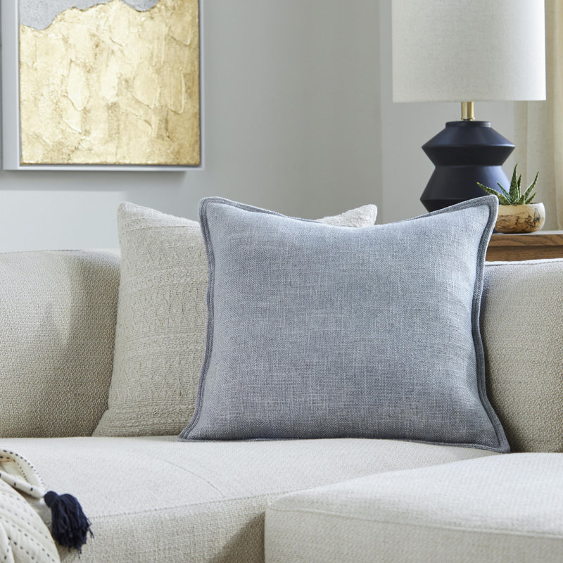 Thurman Square Cotton Linen Throw Pillow, Blue, 18" x 18", Polyester/Polyfill