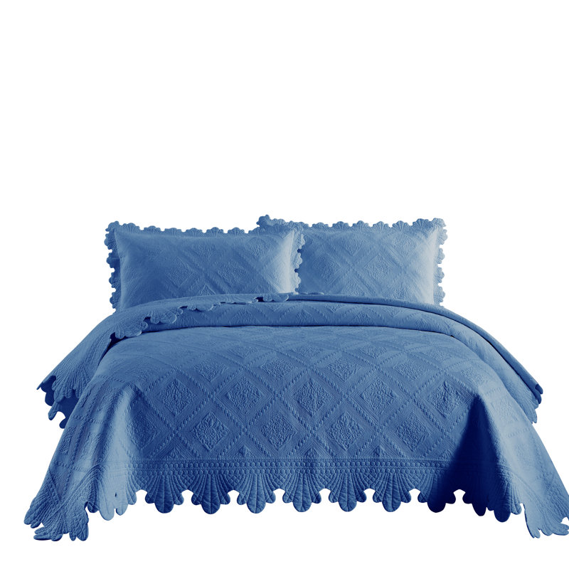 Tkembroidery Cotton Abstract Bedding, Queen Quilt + 2 Standard Shams, Midtone Blue