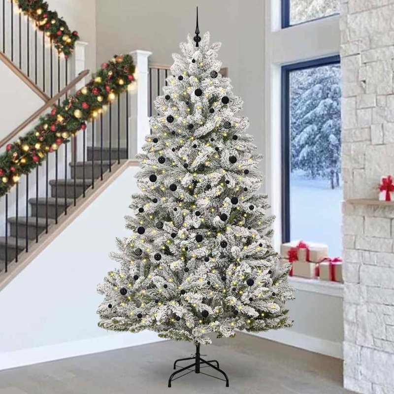 9.84' H Lighted Artificial Christmas Tree, Green/White, 300 cm, with Leds & Black Balls