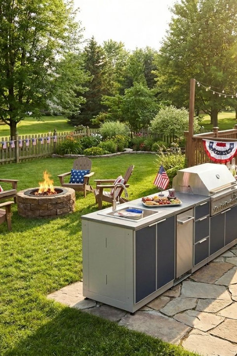 Outdoor kitchen with a stainless steel grill and sink station on a stone patio overlooking a backyard with a fire pit, wooden Adirondack chairs, and patriotic Fourth of July decorations.