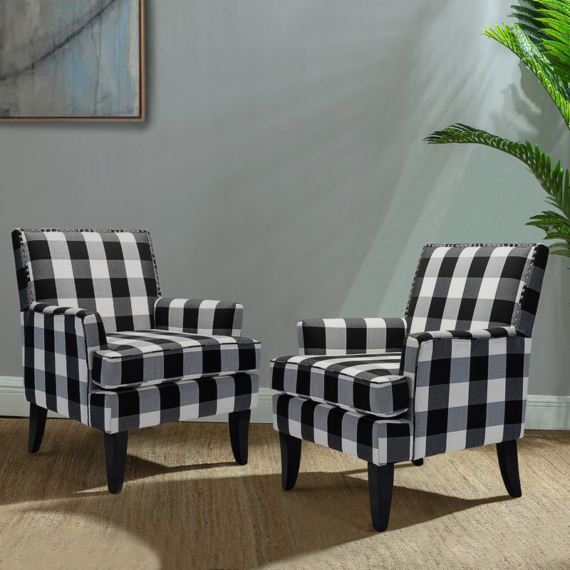 Iliana 27.15" Wide Transitional Upholstered Armchair with Nail Head Trim, Black Check Polyester Blend