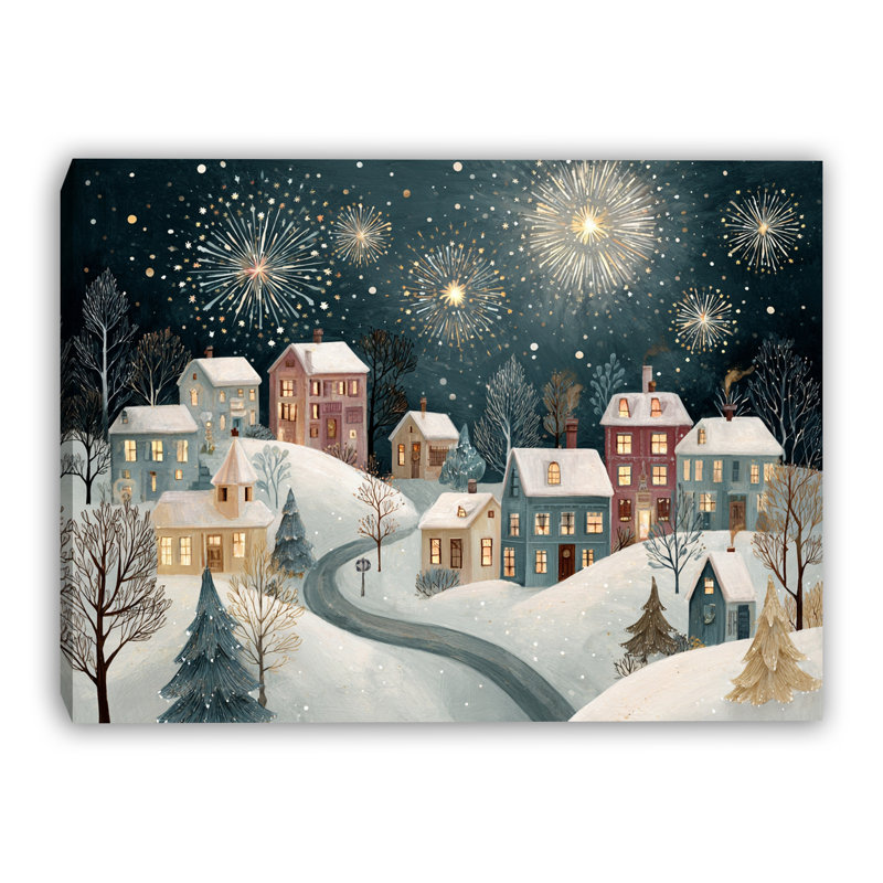 «Midnight Village Fireworks», art mural sur toile tendue, 24 po x 36 po
