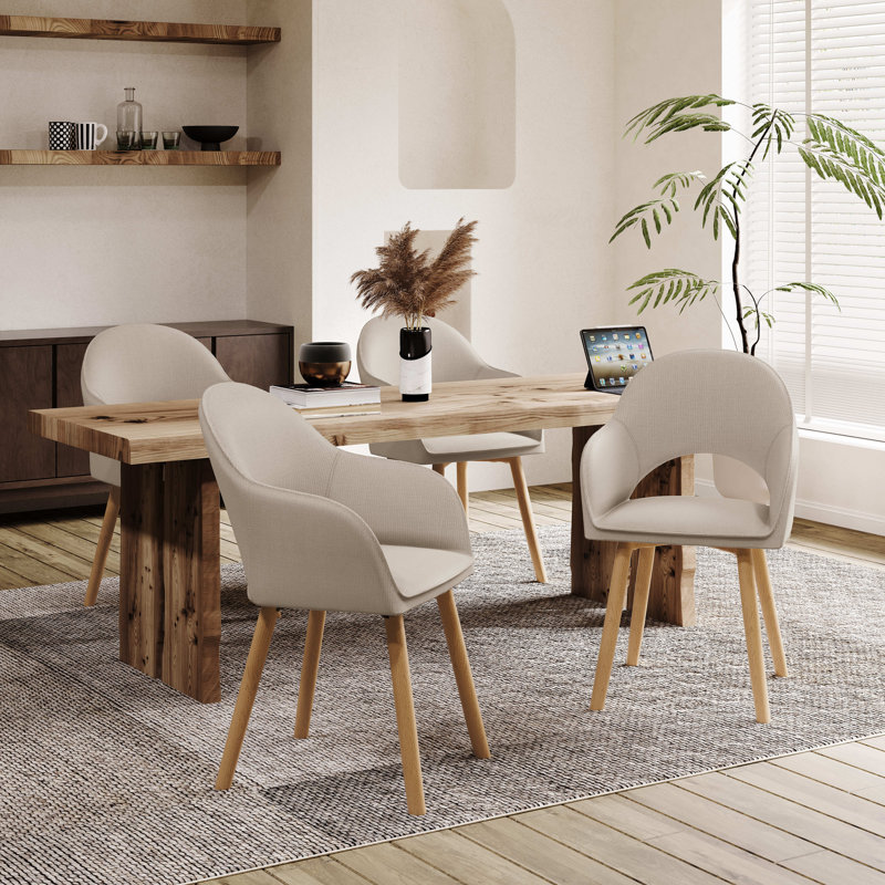 49.5cm H Luxury Fabric Upholstered Dining Chair with Wooden Legs, Beige Linen/Natural, 4