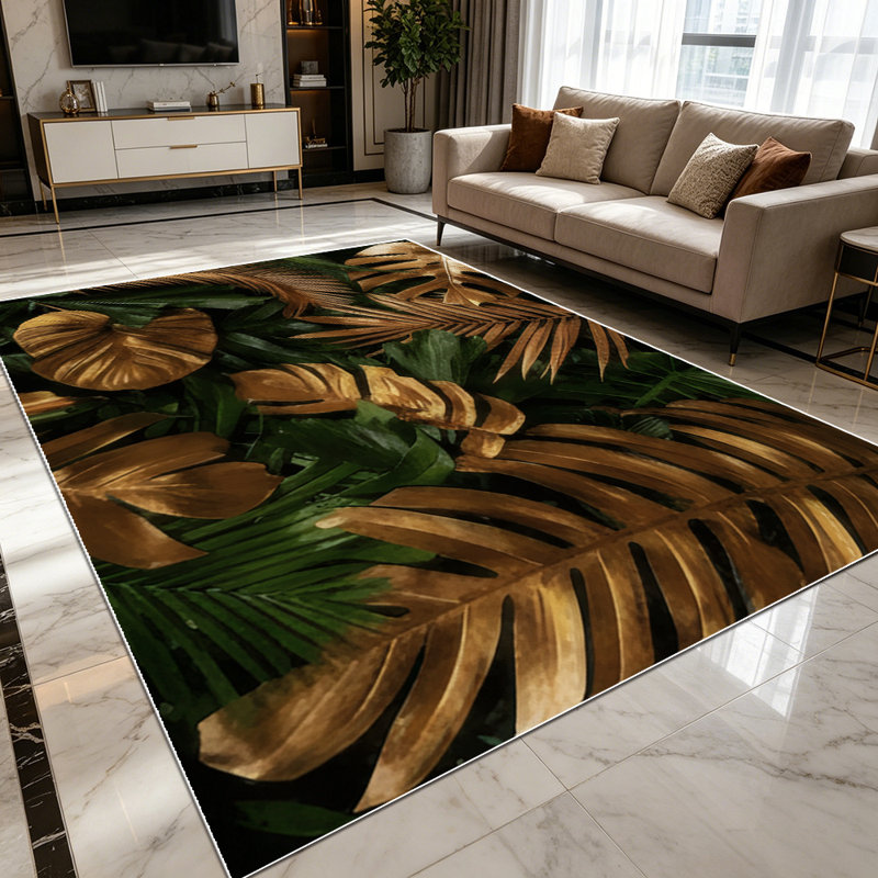 1PC Gold Dark Green Tropical Palm Monstera Leaf Botanical area rugs for Living Room, Soft and Comfortable, Suitable for all seasons, easy-to-maintain, machine washable Indoor floor mat, Under Table Farmhouse suitable for dining room, bedroom,