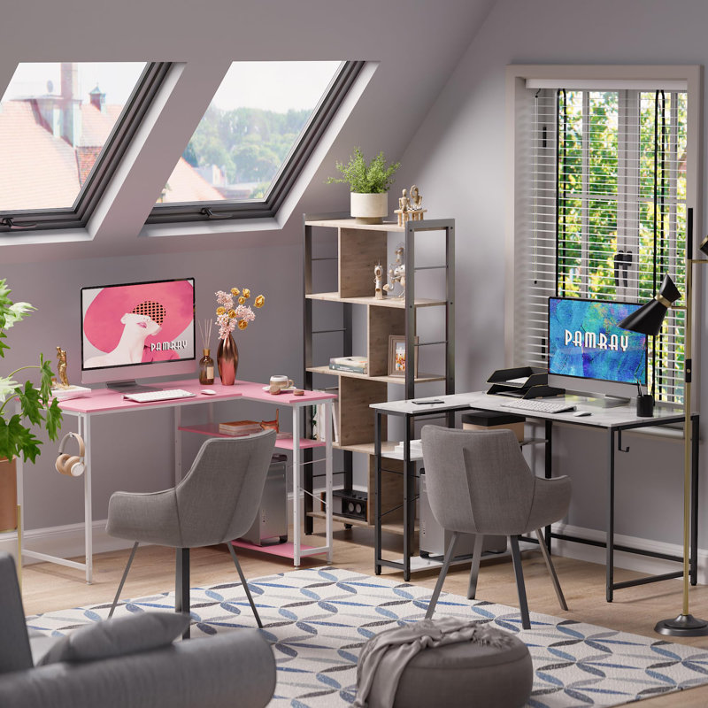 Bureau d'ordinateur en forme de L de 43 pouces avec tablettes réversibles de rangement latérales, petit bureau d'angle pour petit bureau à domicile, bureau d'écriture pour bureau pour chambre à coucher, rose avec pieds blancs