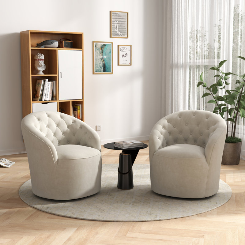 Kehr Velvet Swivel Barrel Chair, Beige Velvet