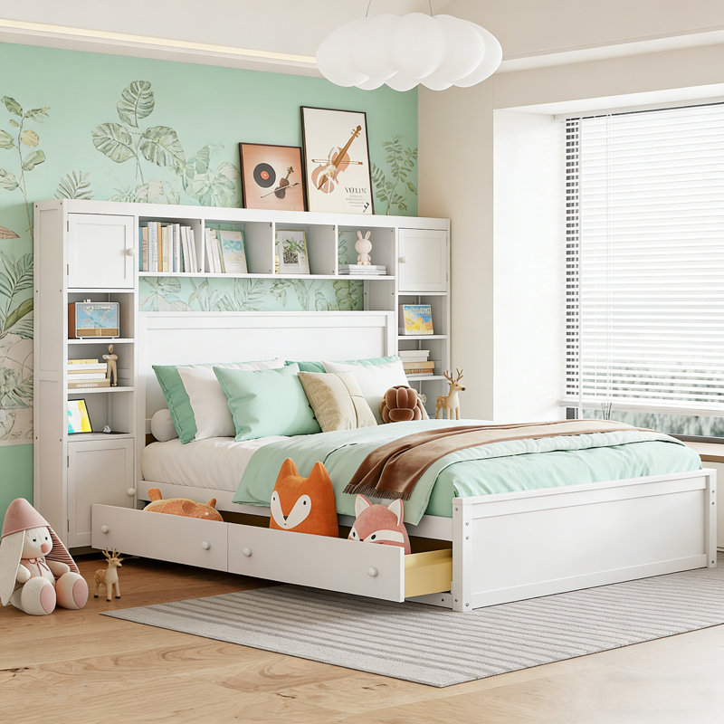 Grand lit en bois blanc - Conception tout-en-un avec armoire, tablette et prises intégrées, peu encombrant