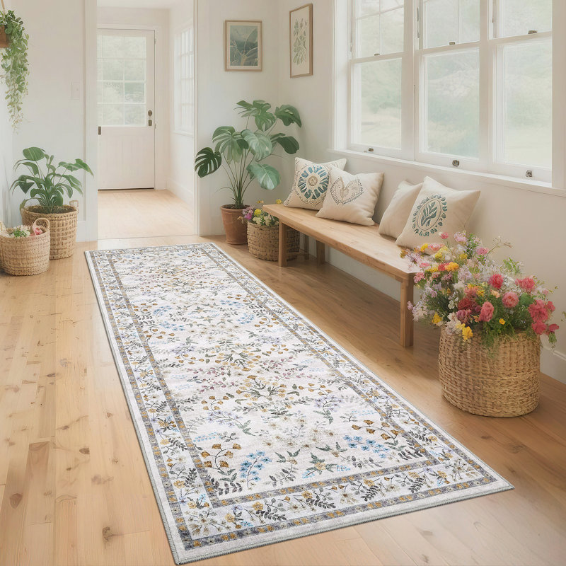 Modern Floral Machine Washable Rug for Living Room, Farmhouse Flower Soft Non Shedding Floor Covering with Non Slip TPR Backing, Indoor Foldable Low Pile Thin Mat